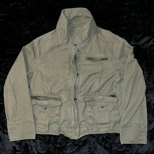 army green field jackett, pink lining.